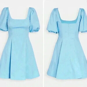 STAUD Laelia Puff Sleeve Mini Dress 6 S Blue Poplin Corset Fit Flare Square Neck